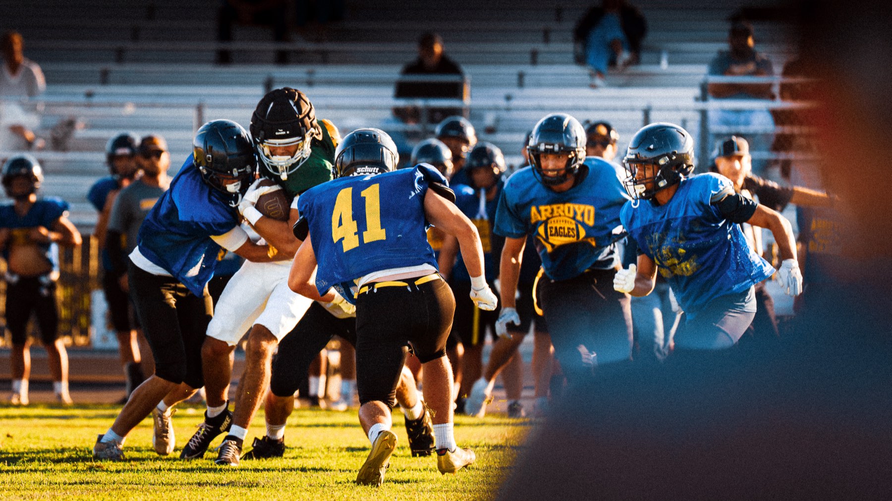 Arroyo Grande defense making a stop during the scrimmage against Templeton
