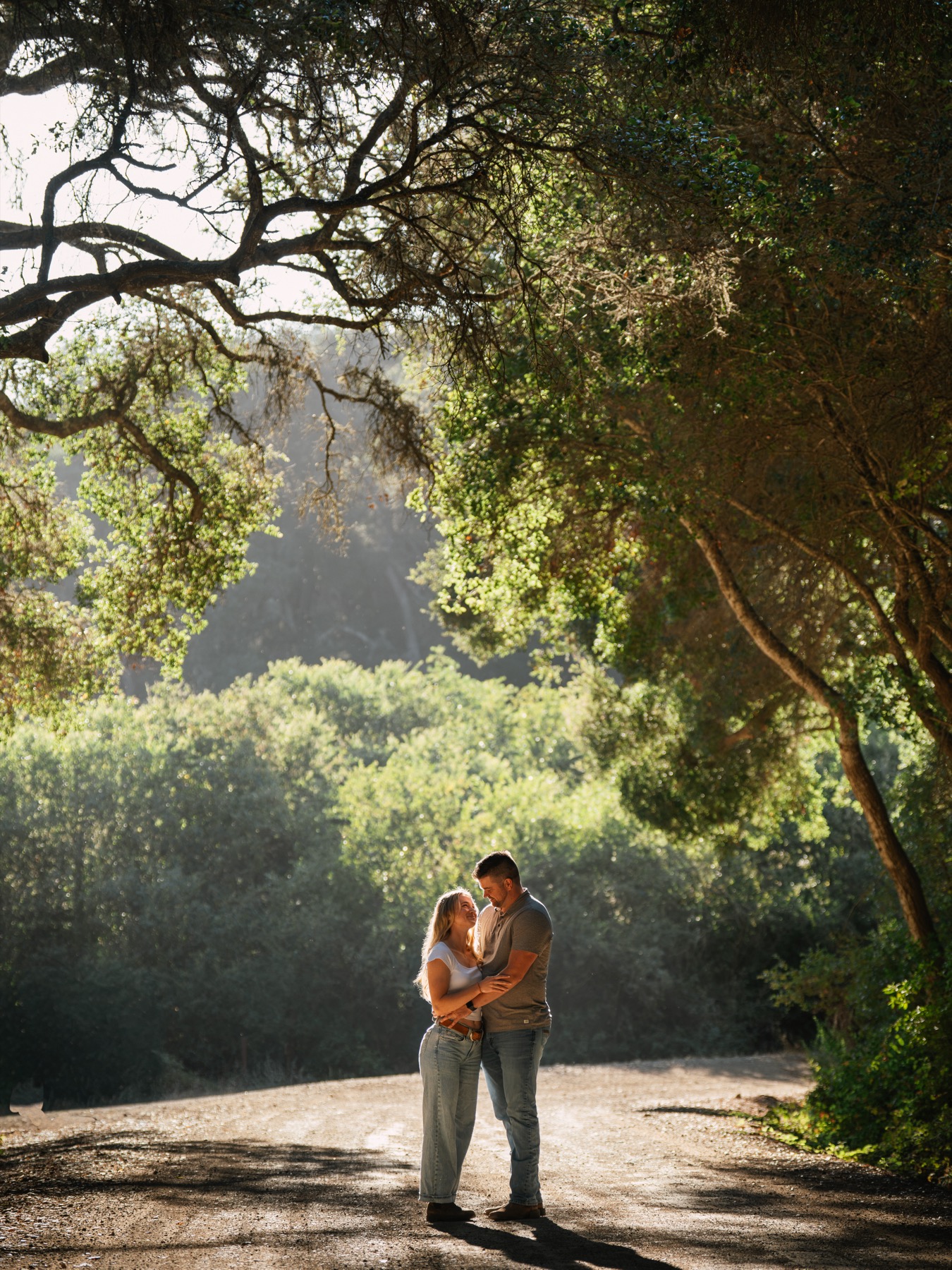 Engaged couple embracing in golden light beneath a canopy of oak trees, San Luis Obispo Central Coast